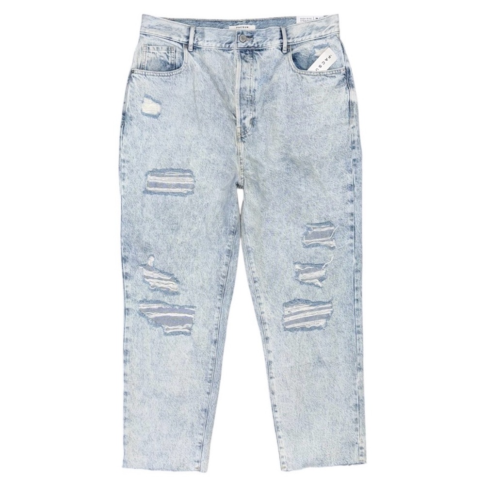 NWT PacSun High Rise Straight Jeans Acid Wash Raw Hem Distressed Size 32 x 27.5